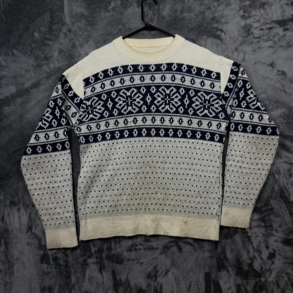 Unbranded Nordic Fair Isle Sweater Mens Medium White Navy Blue Snowflake Knit